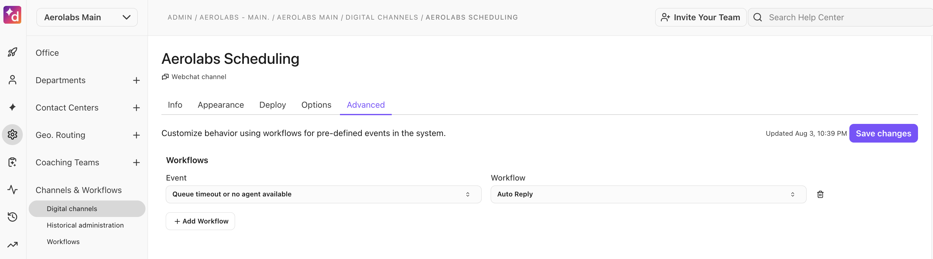 Aeroplabs scheduling interface showing workflows for digital channels and auto reply options.